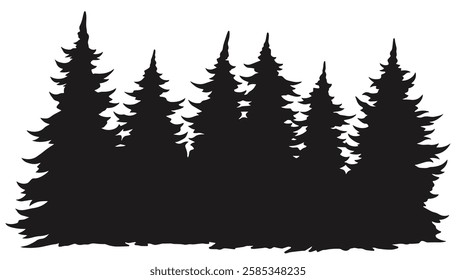 Tall pine trees create a dark silhouette against the fading light of dusk. The trees stand closely together forming a dense forest. The atmosphere feels calm and serene.