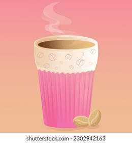 Tall pink cup of coffee with bean and steam on a pink gradient background. Realistic glass mug of latte with light beans for coffee shop or poster