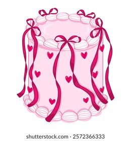 Tall pink round cake decorated with hearts and ribbon bows on a white background