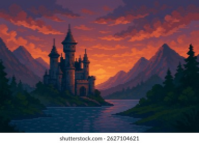 Tall pixel castle standing by a river during sunset with warm red and orange sky. Great fantasy location for final levels, cutscenes, or exploration maps.