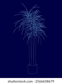 Tall plant with blue leaves is displayed in a blue background. The plant is situated in a blue pot, which adds to the overall theme of the image. The plant appears to be a palm tree