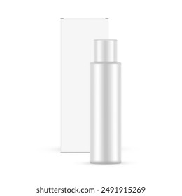 Tall Plastic Cosmetic Bottle With Packaging Box, Front View, Isolated On White Background. Vector Illustration