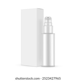 Tall Plastic Serum Or Moisturizer Bottle With Paper Packaging Box Mockup, Isolated On White Background. Vector Illustration