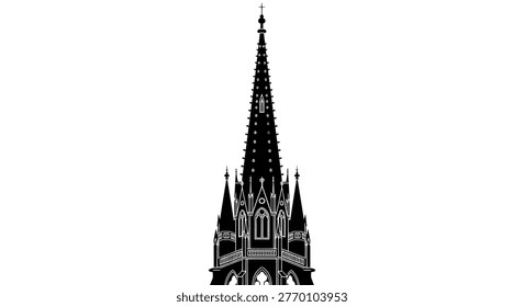 Tall pointed steeple on building