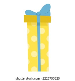 Tall polka dot gift box with blue ribbon and bow. Template for sale banner, logo, surprise poster, flyer, card, cover. Flat design present for New Year, Christmas, birthday, wedding, holidays. Vector