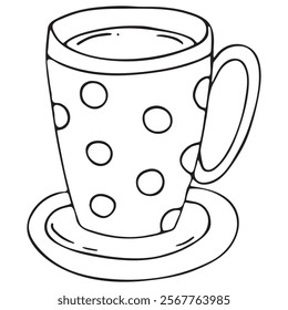 tall polka dot mug with saucer with drink, coffee or cocoa, vector black and white doodle element, coloring book, cute design element