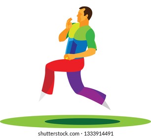 a tall and powerful young striker quickly runs up and throws the ball far during a cricket match