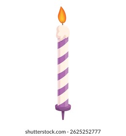 Tall purple and white striped birthday candle burning with a yellow flame