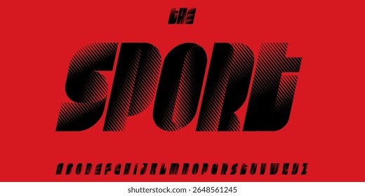 Fonte de corrida alta, alfabeto inclinado em negrito, letras pesadas de meio-tom, tipografia cibernética para o logotipo do esporte rápido, título do cartaz do jogo, tipografia moderna, design tipográfico incomum. Tipo de vetor.