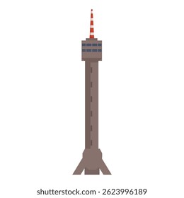 Torre de rádio alta, com uma antena vermelha e branca, simbolizando comunicação e conectividade