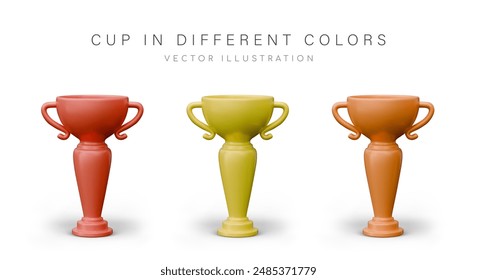 Tall realistic cups of different colors. Set of vector awards for winners