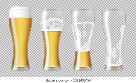 Tall realistic glasses with lager beer and foam, with different amounts, showing a drinking sequence. Transparent vector illustration.