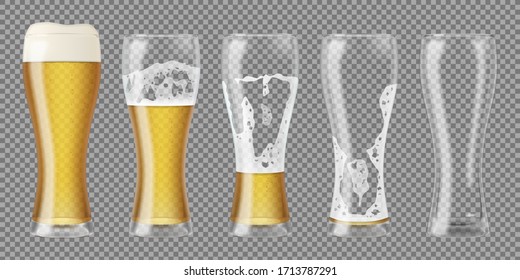 Tall realistic glasses with lager beer and foam