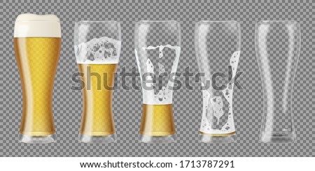 Tall realistic glasses with lager beer and foam