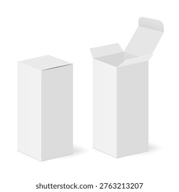Tall rectangular boxes mockups with closed and opened lid, isolated on white background for packaging and branding design