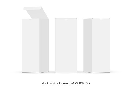 Tall Rectangular Packaging Boxes Mockups, Front And Side View, Opened And Closed Lid, Isolated On White Background. Vector Illustration