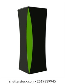 Caixas de embalagem retangulares altas maquetes preto e verde, visão frontal e lateral, tampa aberta e fechada, isolada no fundo branco