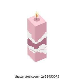 Vela rosa retangular alta com design de onda marmoreada abstrata e chama iluminada em um estilo artístico moderno