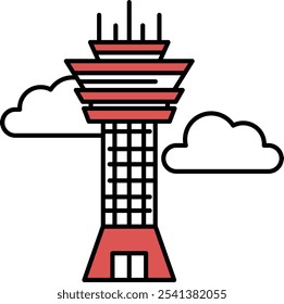 A tall red building with a white cloud in the background. The building is a tower and it is red