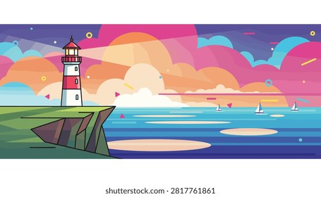 Tall red and white lighthouse stands on a steep cliff overlooking a tranquil sea with sailing boats under a pastel sunset.