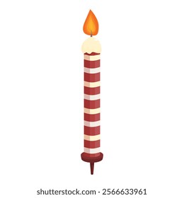 Tall red and white striped birthday candle is burning with a yellow flame