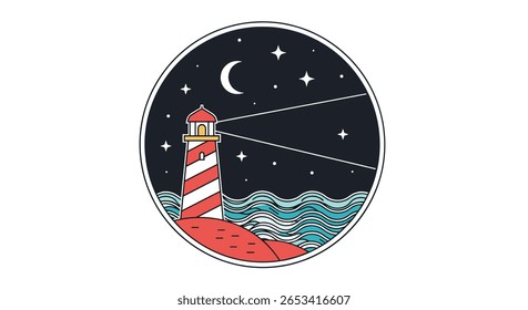 A tall red and white striped lighthouse illuminates the night sky over wavy ocean waters