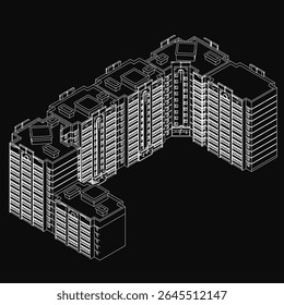 A tall residential building with numerous windows stands prominently in a black and white drawing, set against a dark background. The detailed sketch highlights architectural elements
