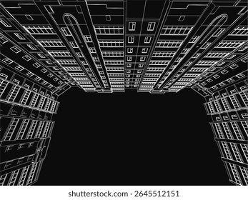 Um edifício residencial alto com numerosas janelas está em destaque em um desenho preto e branco, situado contra um fundo escuro e temperado. O esboço detalhado destaca elementos arquitetônicos e.
