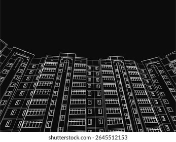 Um edifício residencial alto com numerosas janelas fica proeminentemente em um desenho preto e branco, colocado contra um fundo escuro. O estilo monocromático destaca detalhes arquitetônicos