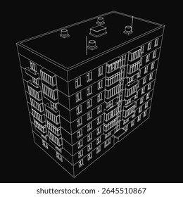 A tall residential building with rows of uniform windows stands in stark black and white, sketched with clean lines against a dark background. The architectural drawing emphasizes symmetry and urban.