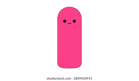 A tall, rounded pink cartoon character with a neutral face, featuring black eyes and a straight mouth on a white background
