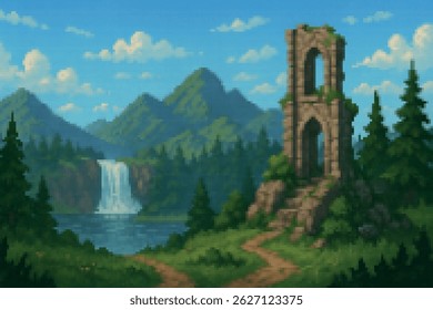 A tall ruined tower stands near a calm lake and waterfall, surrounded by forest and mountains on a peaceful day.