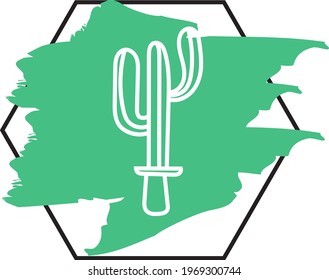 Tall saguaro in a small pot, icon illustration, vector on white background