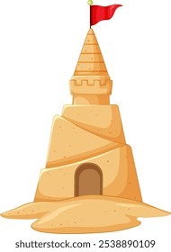 A tall sandcastle with a vibrant red flag