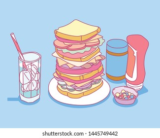 A Tall Sandwich, A Saucepan And A Glass Of Ice Juice. Flat Design Style Minimal Vector Illustration.