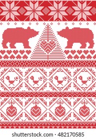 Tall Scandinavian Printed Textile style and inspired by Norwegian Christmas and festive winter seamless pattern in cross stitch with polar bear, Christmas tree, heart, robin bird , bauble
