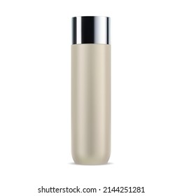 Tall Shampoo Bottle Mockup. Isolated Cosmetic Container Blank. Cylinder Beauty Package For Liquid Bath Lotion Or Gel Illustration. Opaque Golden Tubular Packaging, Soft Bathroom Care Product