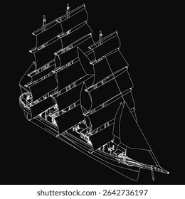 A tall ship 3D model blueprint on a black background, featuring detailed sails, sturdy masts, and a well-crafted hull. Perfect for sailing and maritime themes.