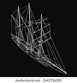 Tall ship 3D model blueprint on black background, featuring detailed sails, sturdy masts, and a well-defined hull. Perfect for nautical themes, historical projects, or sailing enthusiasts.