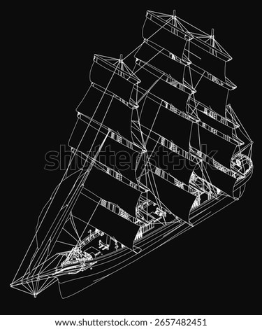 A tall ship 3D model blueprint features detailed sails, masts, and hull on a black background. The intricate design highlights classic sailing vessel craftsmanship.