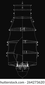 A tall ship with billowing sails is intricately drawn in black and white blueprint style, featuring detailed hull, rigging, and mast. The vintage nautical illustration