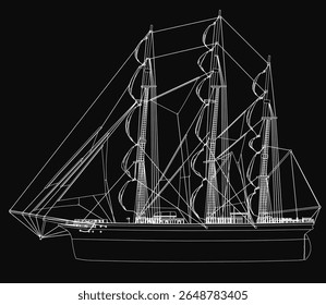 Um navio alto com velas ondulantes é renderizado em um modelo 3D preto e branco detalhado, capturando a essência da vela clássica. As texturas realistas e a composição dinâmica evocam o poder do vento.