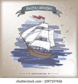 Tall ship color sketch. Maritime adveture series. Great for travel ads and brochures, sailing and tourist illustrations.