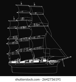 A tall ship with full sails glides through the water in a dramatic black and white drawing, set against a dark, moody background. The intricate rigging and billowing sails capture the essence of.