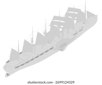 A tall ship sailing with billowing sails and detailed masts under a clear sky. The black and white silhouette shows a passenger vessel on a white background.