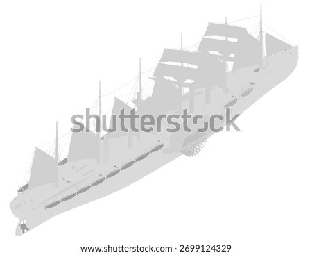 A tall ship sailing with billowing sails and detailed masts under a clear sky. The black and white silhouette shows a passenger vessel on a white background.