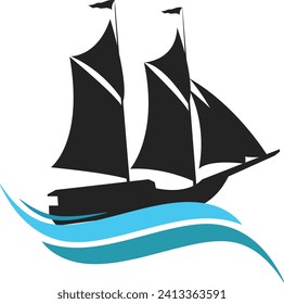 Tall ship Sailing ship logo pinisi nusantara sail ship vintage blue ship in the sea design vector