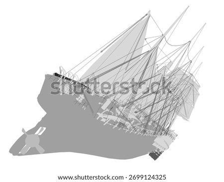 Tall ship sailing vessel with multiple masts and full sails, carrying passengers in silhouette form. Black and white nautical drawing isolated on white background.