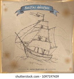 Tall ship sketch. Maritime adveture series. Great for travel ads and brochures, sailing and tourist illustrations.