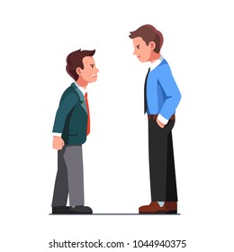 Tall and short business men wearing suits arguing, yelling. Aggressive coworkers verbal fight conflict. Angry business people characters disagreement argument. Flat vector illustration